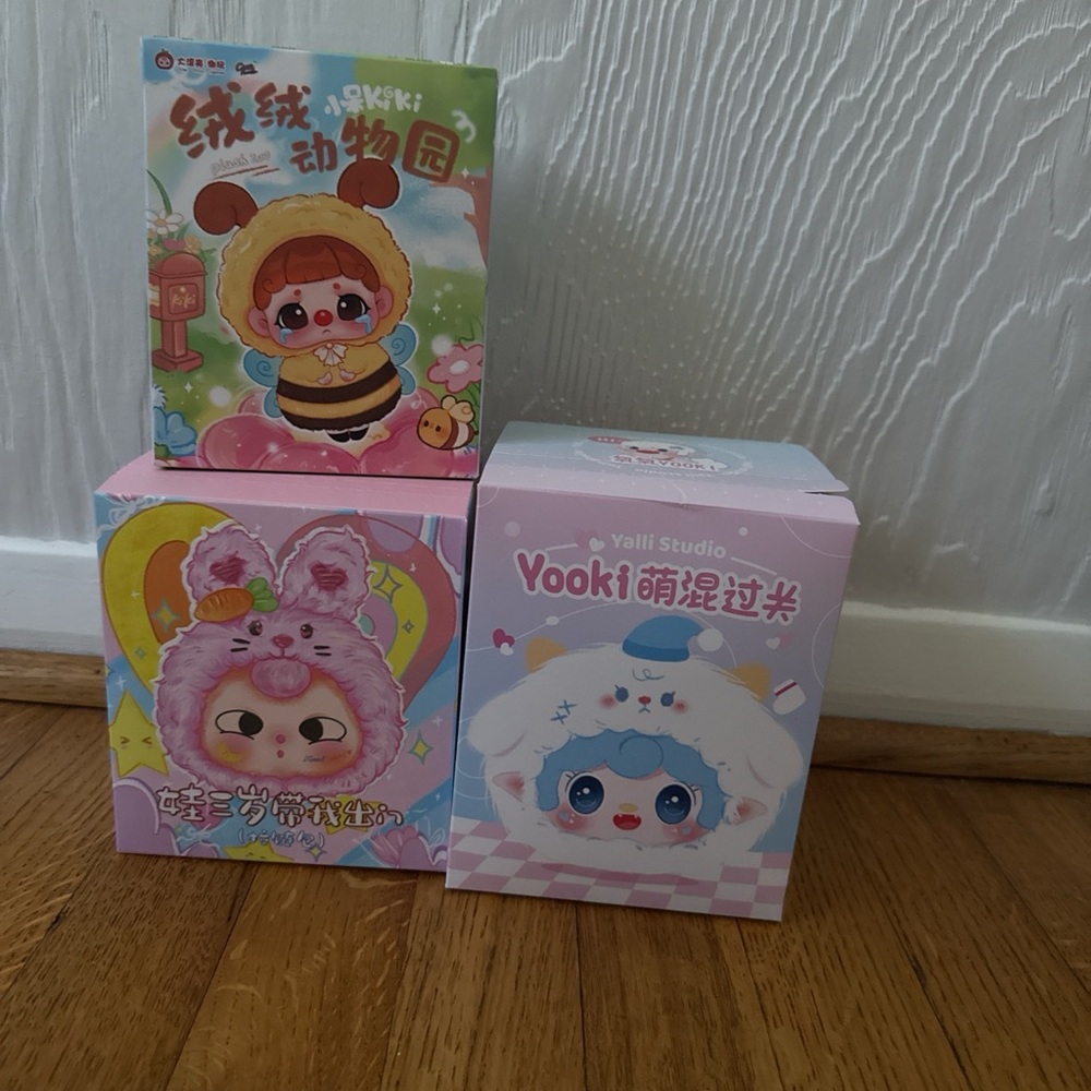 Yooki Cute Animal Doll Trio - Pink, Blue, and Multicolor